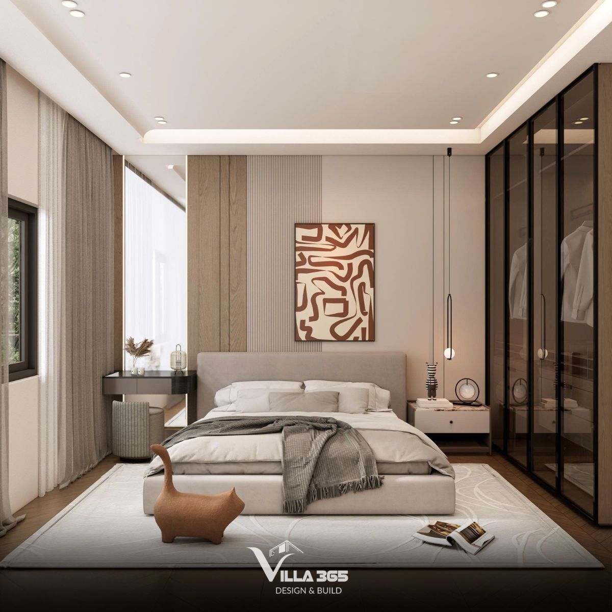 Bức tranh canvas viền gỗ với các đường nét trừu tượng đóng vai trò điểm nhấn cho khu vực giường ngủ 