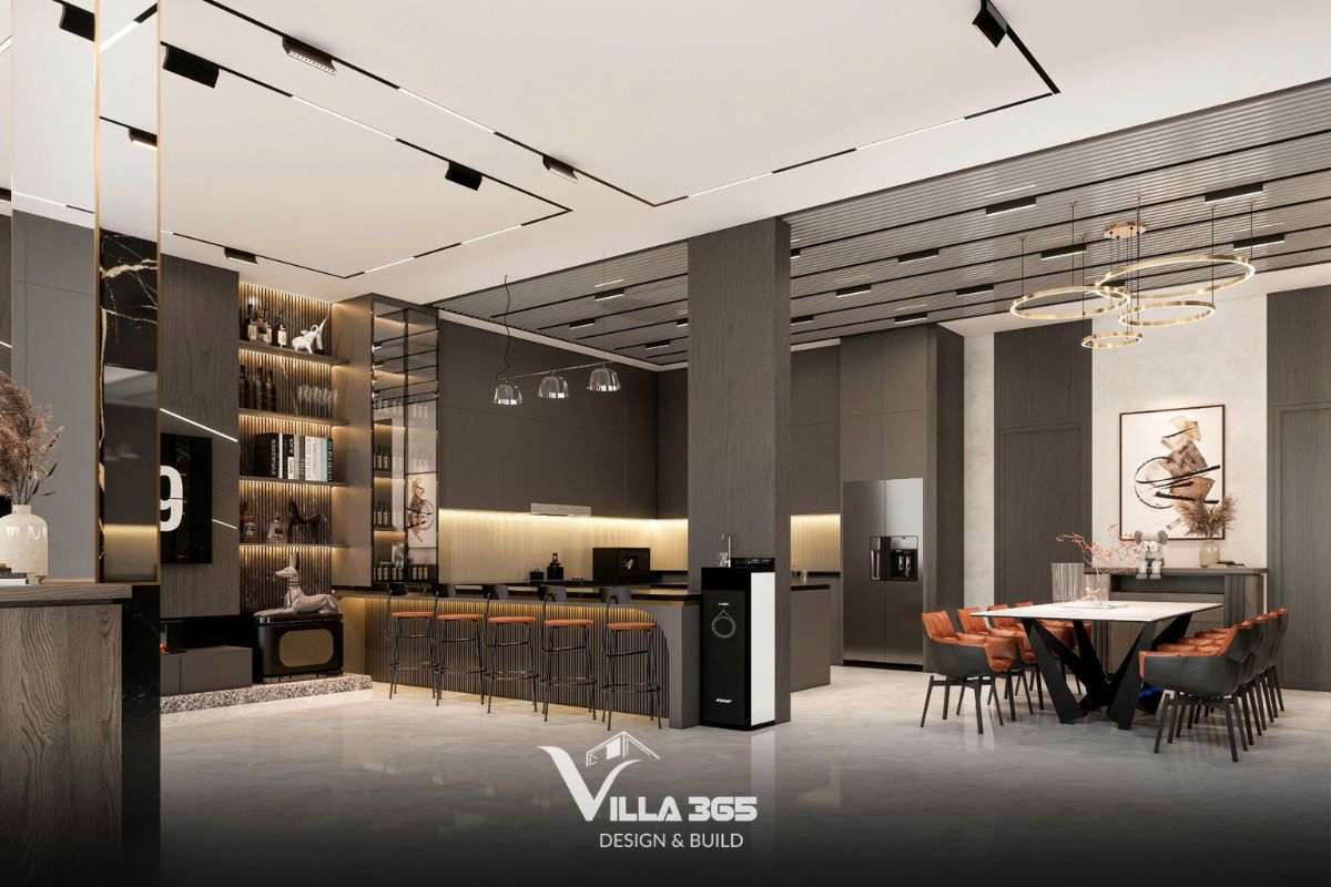 Thiết kế nội thất Dual Villa – Giải pháp tổ chức không gian kép cho gia chủ làm việc tại nhà 3 Từ bếp, quầy bar đến bàn ăn, các chức năng được nối liền để vừa phục vụ sinh hoạt, vừa tạo nên những khoảng tiếp khách tự nhiên và thoải mái