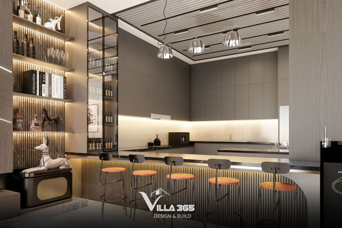 Thiết kế nội thất Dual Villa – Giải pháp tổ chức không gian kép cho gia chủ làm việc tại nhà 4 Quầy bar làm từ đá tự nhiên tối màu sang trọng kết hợp với hệ thống tủ gỗ phủ lớp hoàn thiện mờ cao cấp