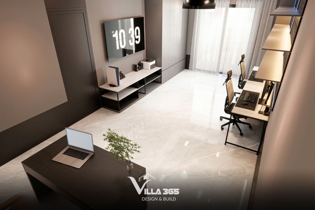 Thiết kế nội thất Dual Villa – Giải pháp tổ chức không gian kép cho gia chủ làm việc tại nhà 8 Không gian sử dụng kết hợp đèn âm trần và đèn rọi ray linh hoạt