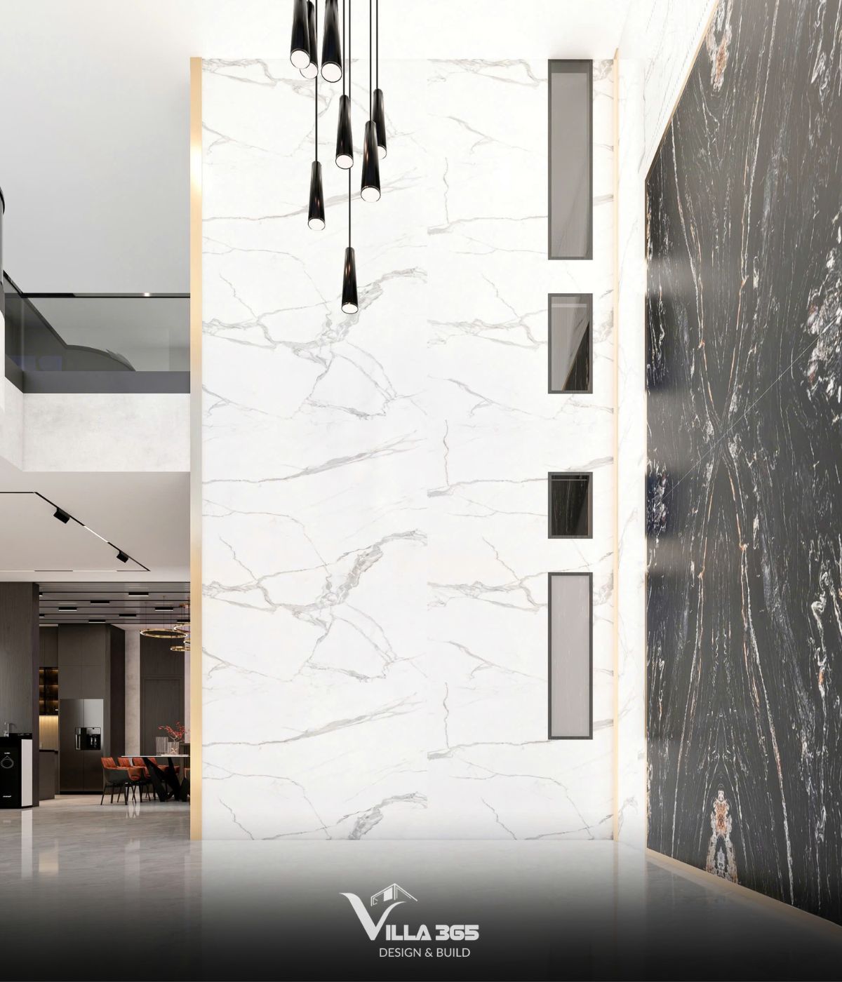 Thiết kế nội thất Dual Villa – Giải pháp tổ chức không gian kép cho gia chủ làm việc tại nhà 10 Phòng khách được thiết kế liên hoàn với quầy bar và bếp ăn