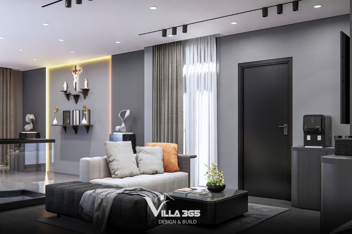 Thiết kế nội thất Dual Villa – Giải pháp tổ chức không gian kép cho gia chủ làm việc tại nhà 12 Toàn bộ không gian sử dụng các sắc độ xám khác nhau từ sơn tường, rèm cửa cho đến hệ cửa phòng màu đen mờ, mang lại cảm giác tĩnh lặng và sang trọng