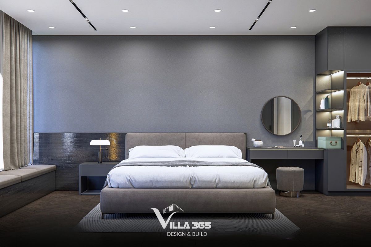 Thiết kế nội thất Dual Villa – Giải pháp tổ chức không gian kép cho gia chủ làm việc tại nhà 14 Diện tường đầu giường lớn sử dụng sơn màu xám ghi mịn màng kết hợp hoàn hảo với hệ tủ quần áo, bàn trang điểm màu xám than đồng bộ