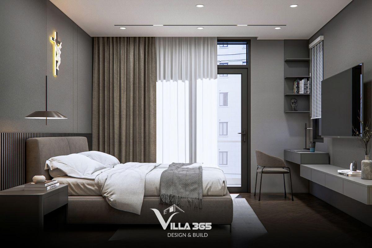 Thiết kế nội thất Dual Villa – Giải pháp tổ chức không gian kép cho gia chủ làm việc tại nhà 15 Bàn làm việc được đặt khéo léo cạnh cửa sổ, đi kèm hệ kệ mở phía trên để sách và một chiếc ghế tựa bọc nỉ