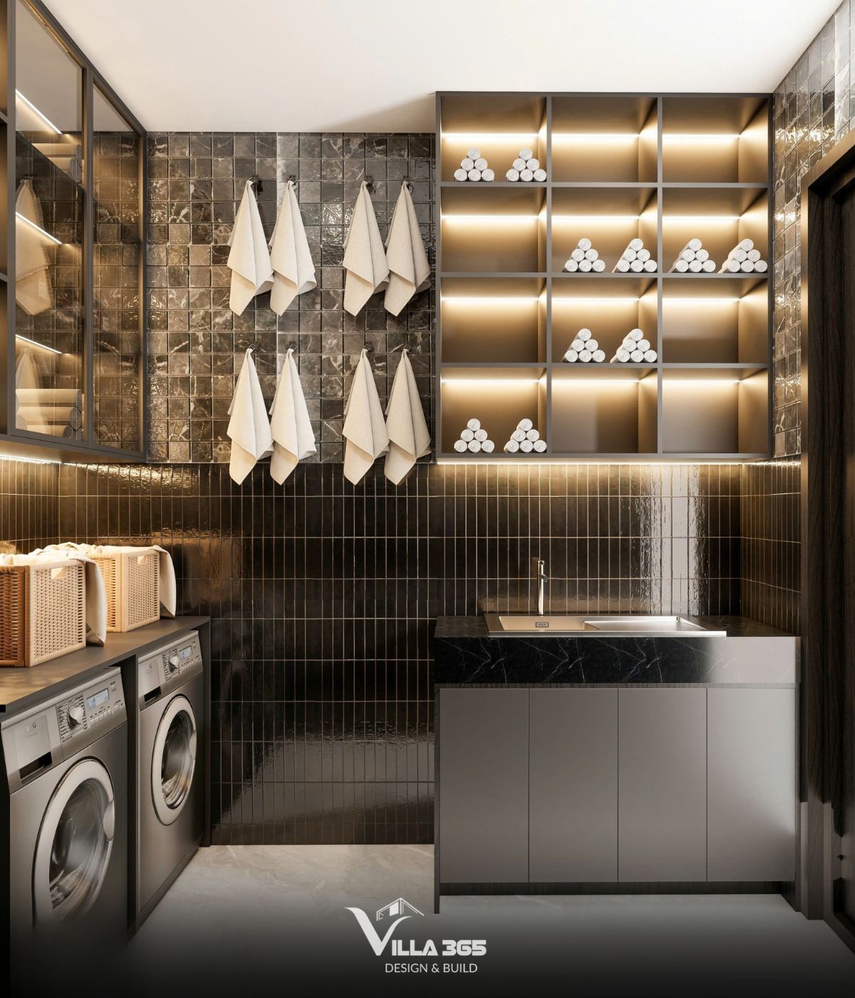 Thiết kế nội thất Dual Villa – Giải pháp tổ chức không gian kép cho gia chủ làm việc tại nhà 17 Không gian phòng giặt đồ kết hợp tủ kho được tối ưu diện tích với hệ tủ lưu trữ kịch trần