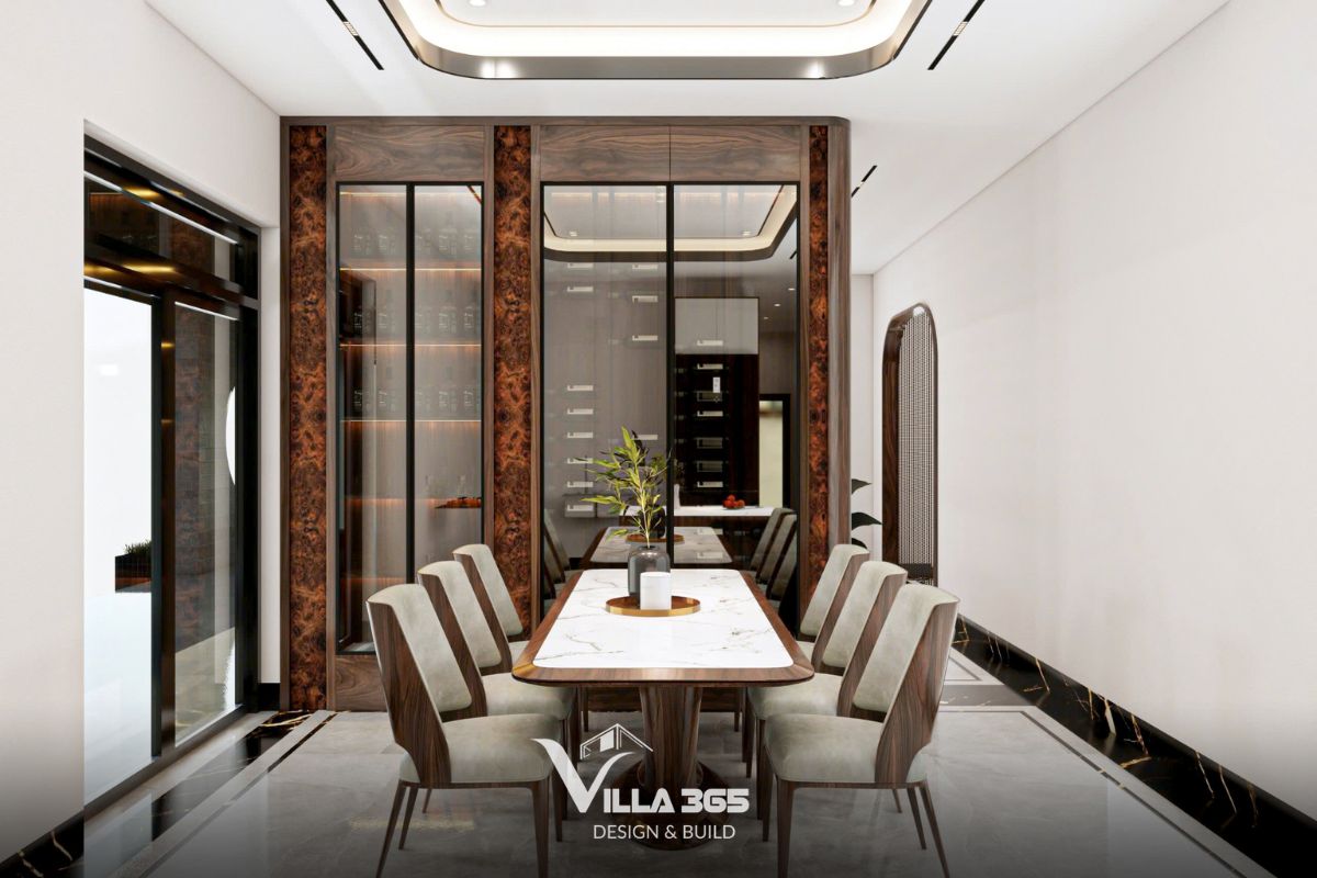 Thiết kế nội thất Homebound Villa - Nghệ thuật phân định không gian trong hình hài đương đại 5 Hệ tủ kịch trần vừa là vách ngăn, kệ tivi, nơi lưu trữ, vừa trở thành điểm nhấn kết nối phòng khách với khu vực bếp ăn