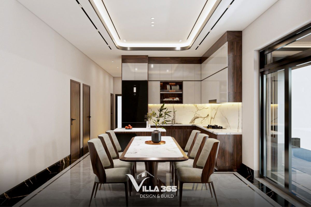 Thiết kế nội thất Homebound Villa - Nghệ thuật phân định không gian trong hình hài đương đại 6 Những đường vân gỗ óc chó trở nên sâu lắng và cuốn hút hơn dưới ánh sáng hắt vàng