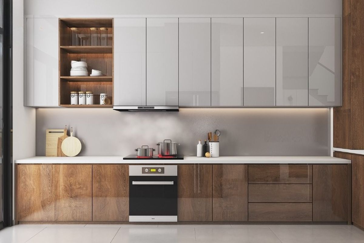 Mẫu Nội Thất Phòng Bếp Biệt Thự Đẳng Cấp & Xu Hướng 2026 24 MDF chống ẩm kết hợp bề mặt acrylic bóng gương mang đến vẻ đẹp liền mạch cho tủ bếp biệt thự hiện đại (Ảnh: Sưu tầm)