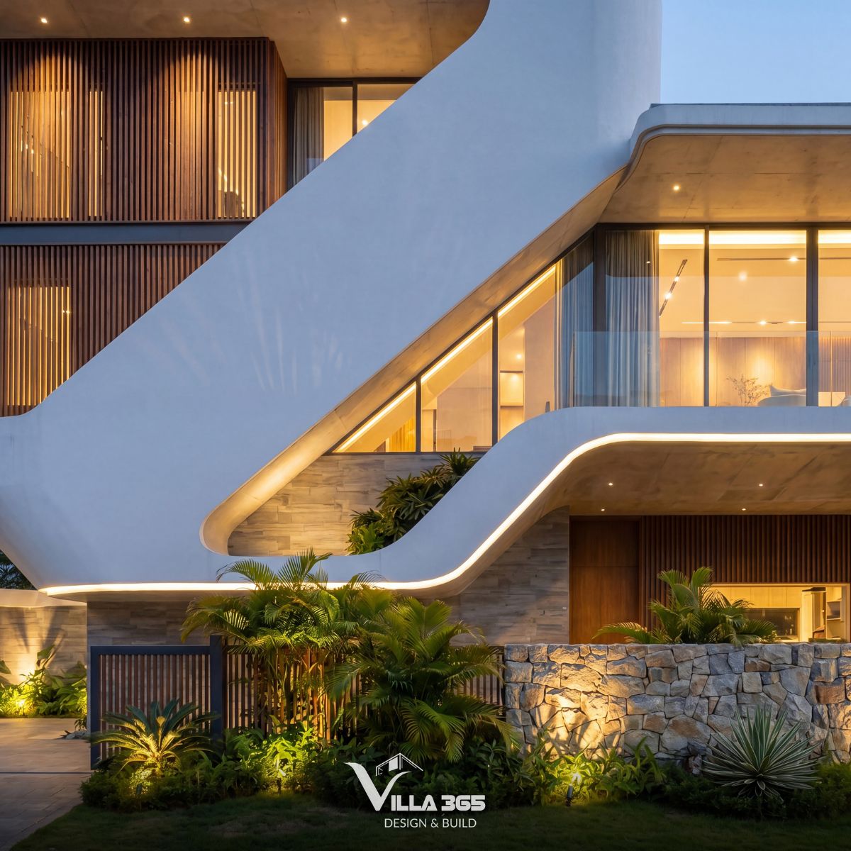 Tại Ribbon Villa, đường cong không chỉ là ngôn ngữ tạo hình mà còn là sợi dây liên kết các lớp không gian, ánh sáng và cảnh quan 