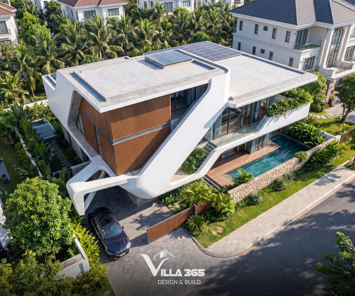 Cây xanh tại Ribbon Villa bám theo đường cong ban công, men theo tường đá 