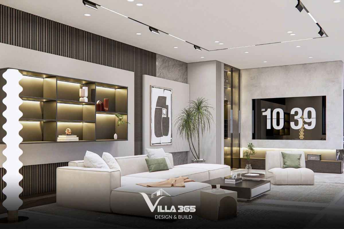 Thiết kế nội thất The Unfolding Villa - Cuộc chơi của những gam màu trung tính 3 Sofa trắng kem, thảm xám và lam gỗ tạo nên một bố cục cân bằng, hiện đại