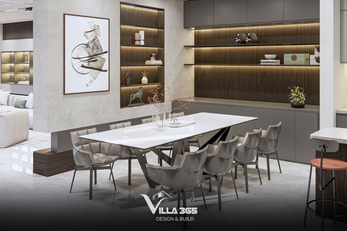 Thiết kế nội thất The Unfolding Villa - Cuộc chơi của những gam màu trung tính 5 Những bức tranh treo tường mang đến điểm nhấn vừa đủ cho không gian khách - bếp
