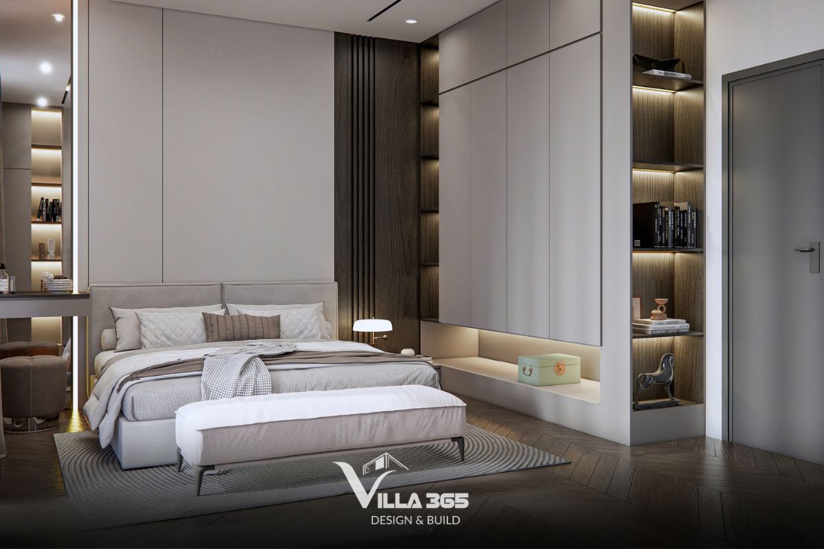 Thiết kế nội thất The Unfolding Villa - Cuộc chơi của những gam màu trung tính 8 Phòng ngủ master cân bằng giữa ánh sáng tự nhiên, hệ lưu trữ lớn và những khoảng nghỉ thị giác cần thiết