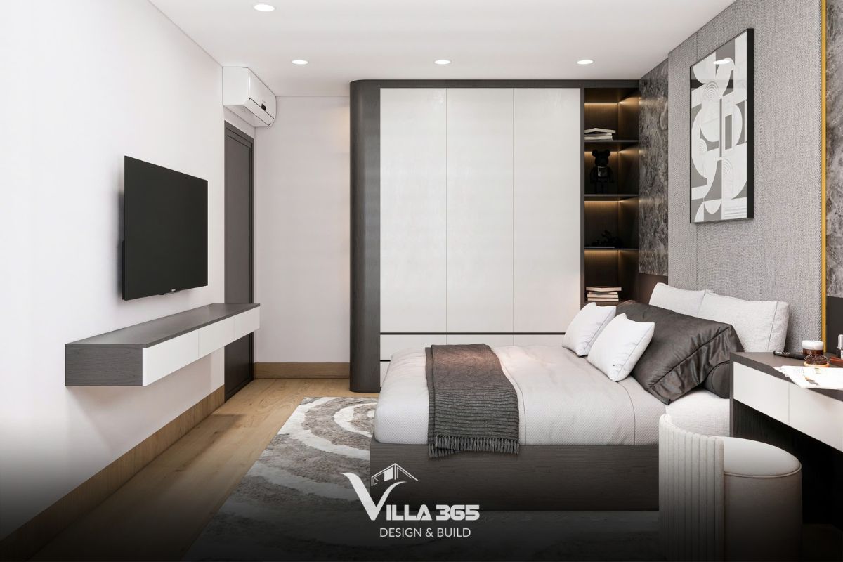 Thiết kế nội thất The Unfolding Villa - Cuộc chơi của những gam màu trung tính 10 Hệ tủ âm tường màu trắng đồng điệu với màu tường giúp giảm cảm giác chật chội, tận dụng triệt để chiều cao căn phòng để lưu trữ
