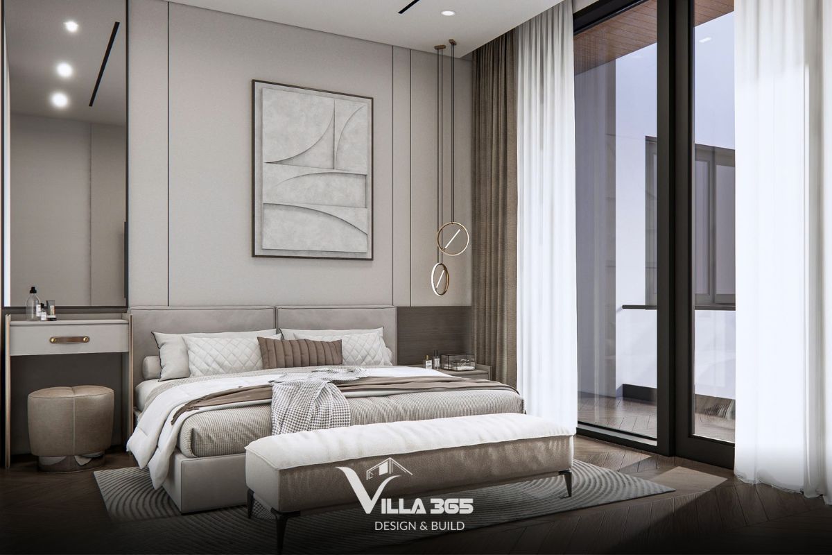 Thiết kế nội thất The Unfolding Villa - Cuộc chơi của những gam màu trung tính 11 Hệ cửa lùa lớn kịch trần mở rộng tối đa ra ban công, giúp đón trọn vẹn ánh sáng tự nhiên vào ban ngày