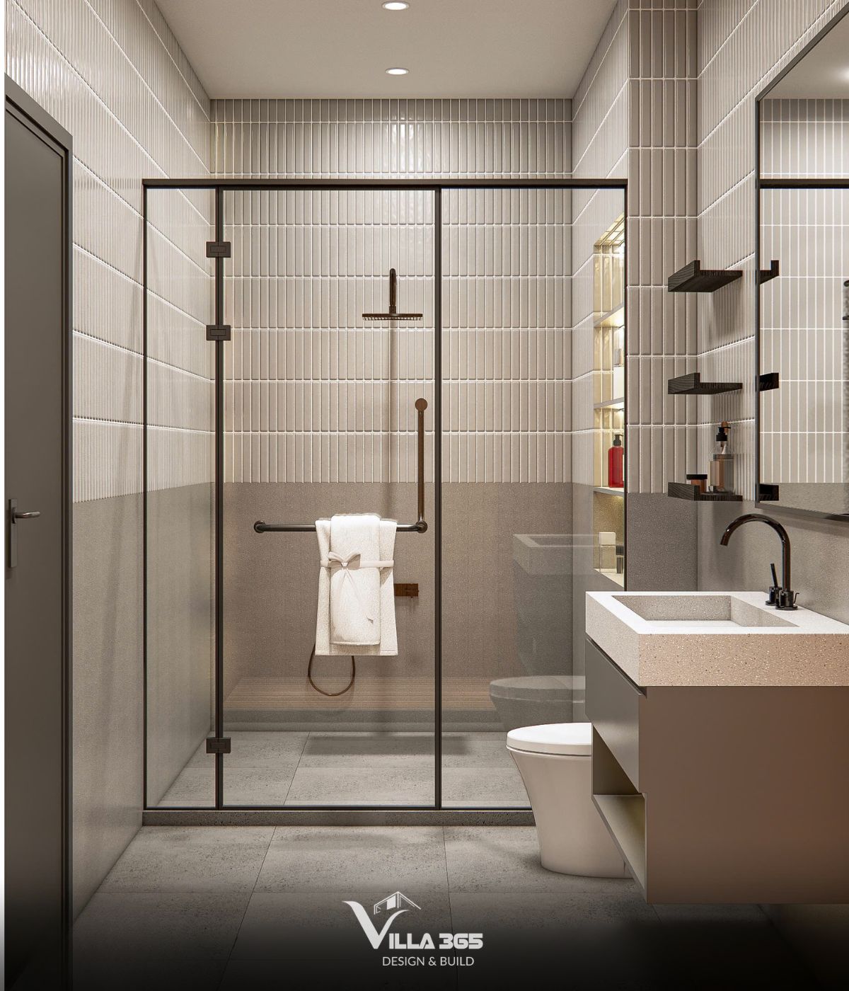 Thiết kế nội thất The Unfolding Villa - Cuộc chơi của những gam màu trung tính 12 Phòng tắm sử dụng đa dạng các loại gạch ốp lát trang trí nhưu gạch mosaic, gạch giả bê tông, đá terrazzo… làm tăng tính sinh động và mới mẻ