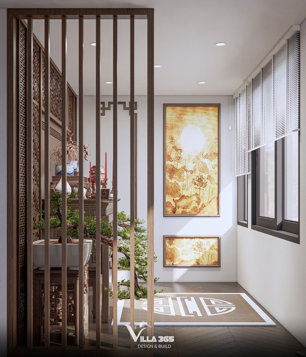 Thiết kế nội thất The Unfolding Villa - Cuộc chơi của những gam màu trung tính 13 Hệ vách lam gỗ đứng đóng vai trò như một bức bình phong ngăn cách không gian thờ tự với lối đi