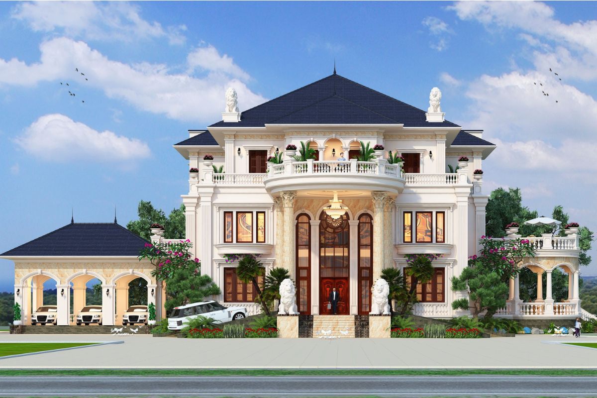 50+ Mẫu Biệt Thự Có Gara Đẹp Nổi Bật Tối Ưu Không Gian 9 Biệt thự sân vườn có gara mái che riêng giúp tách phương tiện khỏi khối nhà chính mà vẫn bảo đảm kết nối thuận tiện với không gian sống (Ảnh: Sưu tầm)