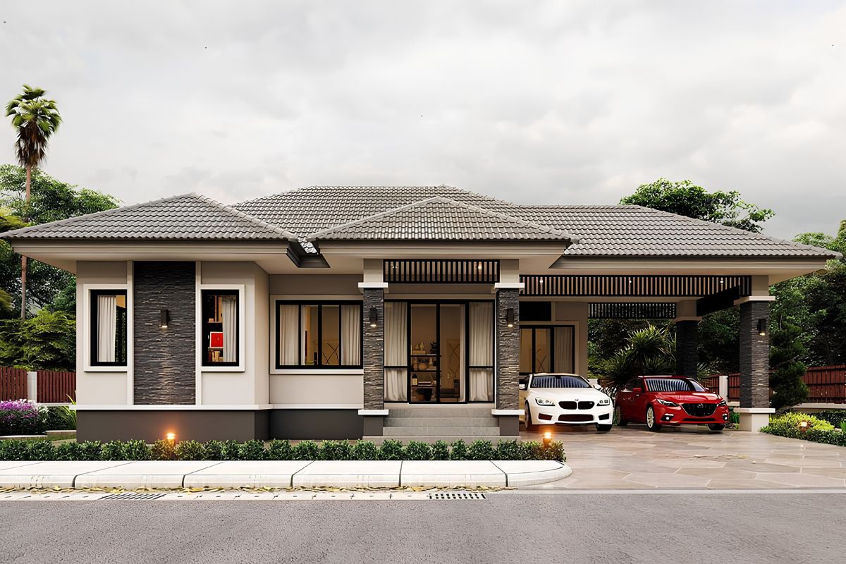 50+ Mẫu Biệt Thự Có Gara Đẹp Nổi Bật Tối Ưu Không Gian 13 Mẫu biệt thự có gara đẹp cần đồng bộ vật liệu gara, đường xe và cảnh quan để tạo sự chuyển tiếp tự nhiên với kiến trúc chính (Ảnh: Sưu tầm)
