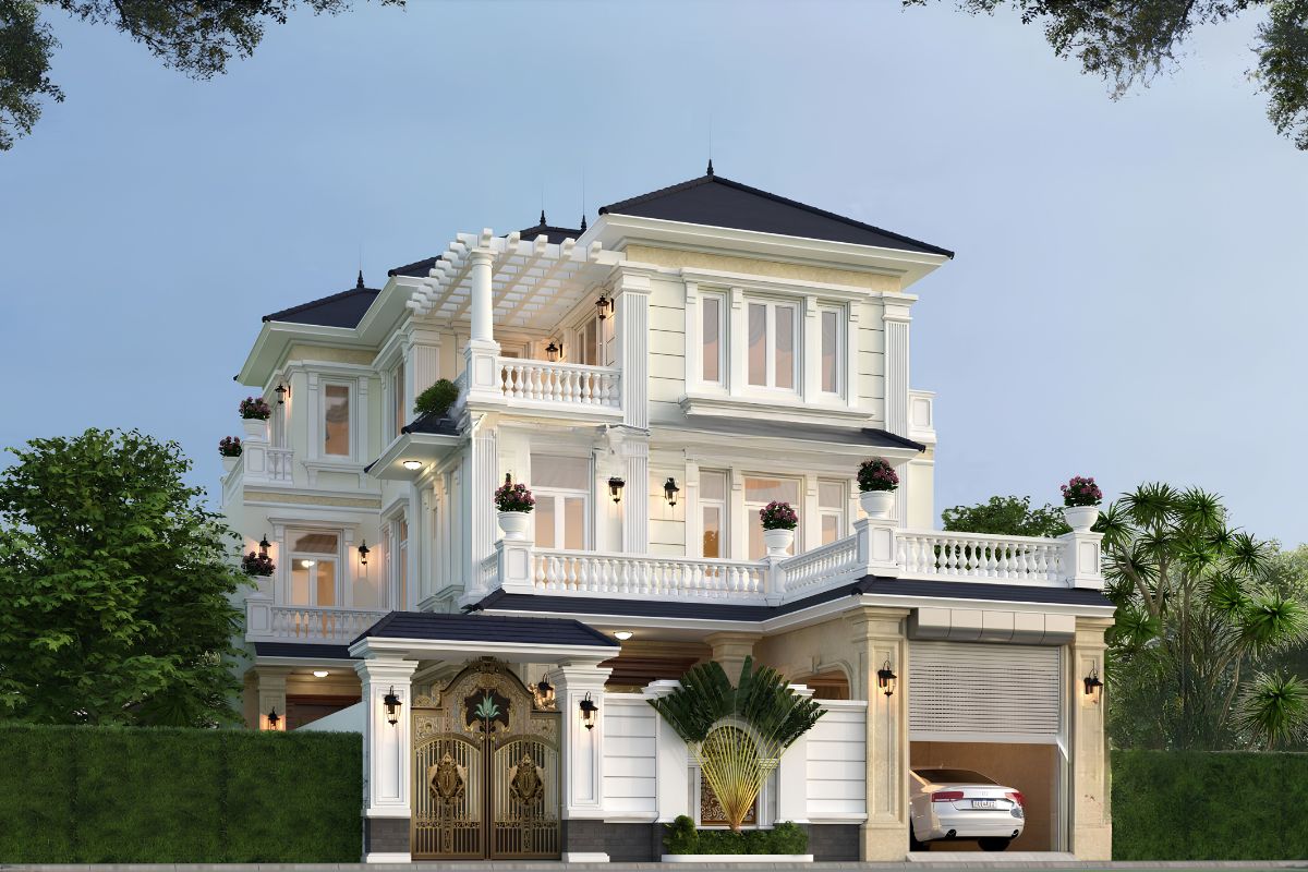 50+ Mẫu Biệt Thự Có Gara Đẹp Nổi Bật Tối Ưu Không Gian 27 Cửa gara biệt thự tân cổ điển nên tiết chế chi tiết và đồng bộ màu sắc với hệ cửa để giữ vẻ sang trọng cho công trình (Ảnh: Sưu tầm)