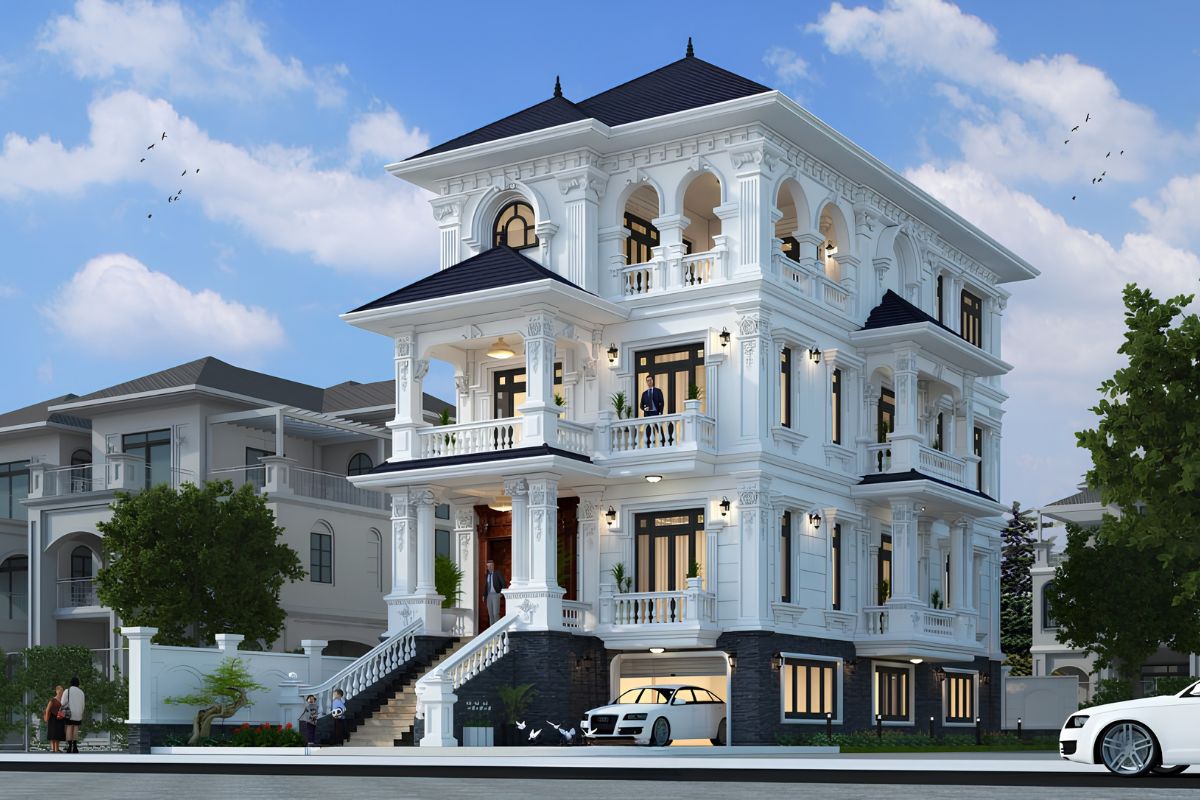 50+ Mẫu Biệt Thự Có Gara Đẹp Nổi Bật Tối Ưu Không Gian 29 Mẫu biệt thự có gara đẹp phong cách tân cổ điển chú trọng tỷ lệ, vật liệu và vị trí gara để công năng hòa hợp với kiến trúc (Ảnh: Sưu tầm)