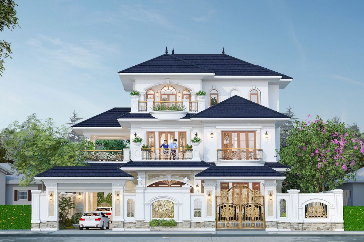 50+ Mẫu Biệt Thự Có Gara Đẹp Nổi Bật Tối Ưu Không Gian 33 Thiết kế biệt thự mái Nhật có gara kết hợp đường xe và cây xanh giúp giảm cảm giác khô cứng của khu vực đỗ phương tiện (Ảnh: Sưu tầm)