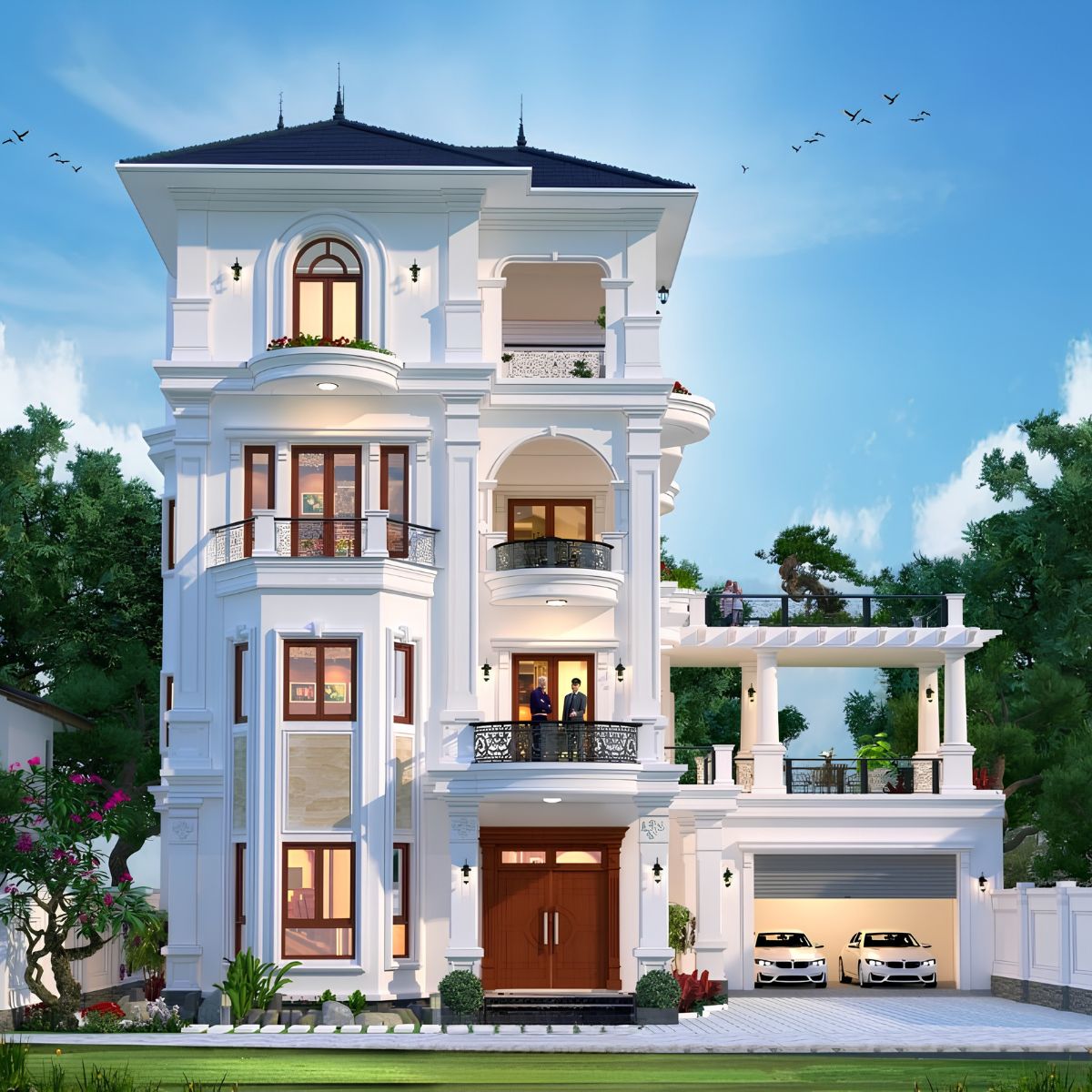 50+ Mẫu Biệt Thự Có Gara Đẹp Nổi Bật Tối Ưu Không Gian 34 Biệt thự mái Nhật có gara cân bằng giữa tiện nghi sử dụng, kiến trúc thanh lịch và cảnh quan gần gũi với thiên nhiên (Ảnh: Sưu tầm)