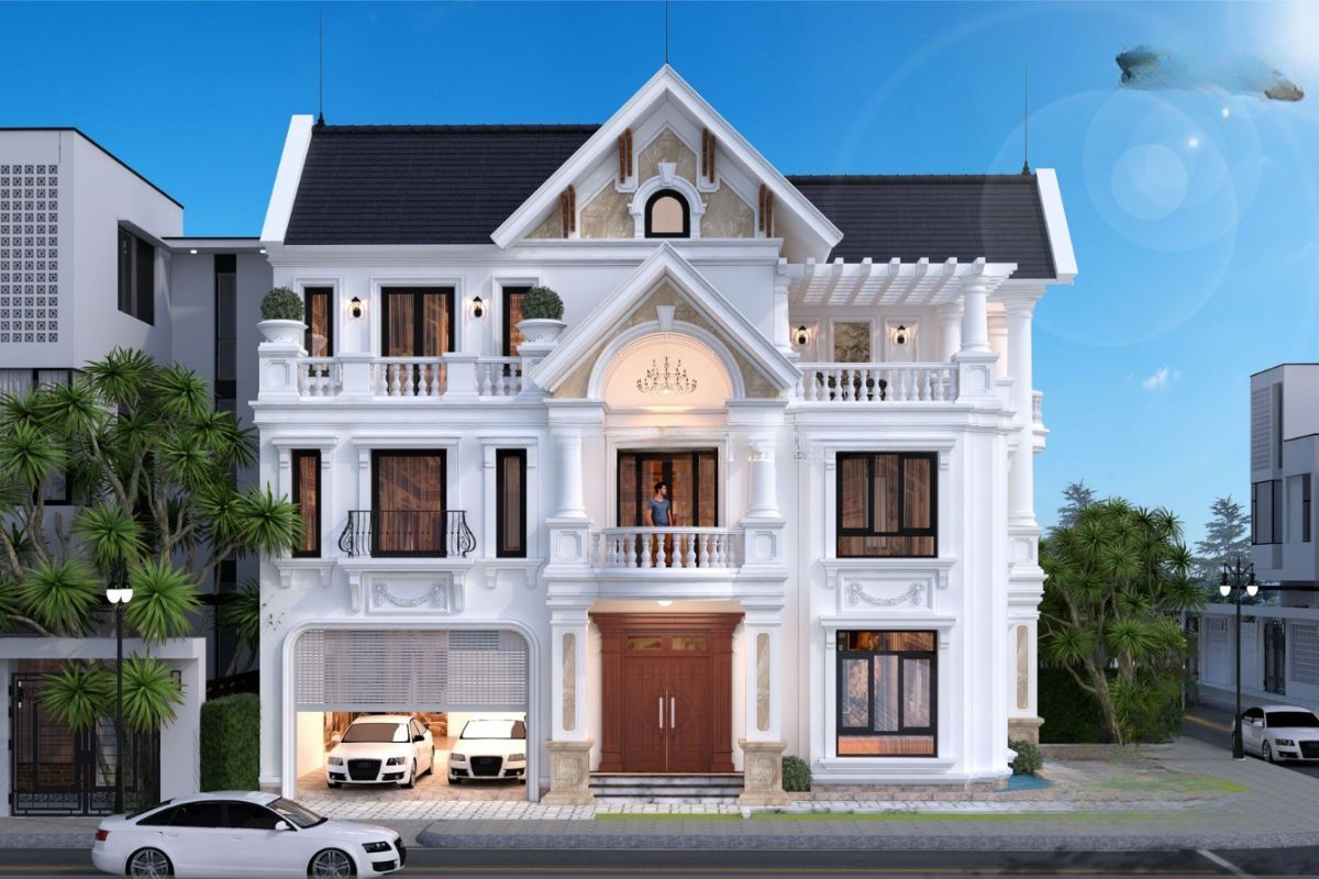 50+ Mẫu Biệt Thự Có Gara Đẹp Nổi Bật Tối Ưu Không Gian 35 Biệt thự mái Thái có gara cần kiểm soát tỷ lệ các lớp mái để khu vực để xe không khiến hình thức công trình trở nên nặng nề (Ảnh: Sưu tầm)