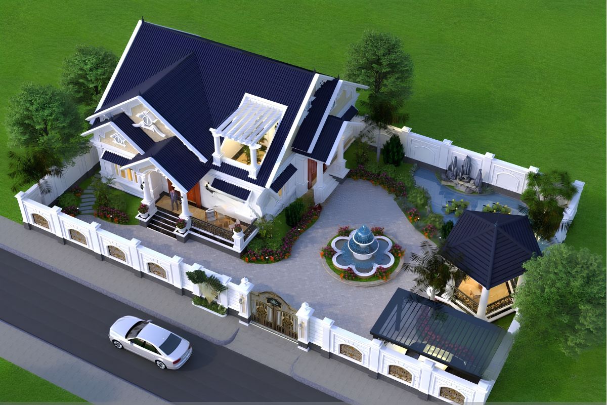 50+ Mẫu Biệt Thự Có Gara Đẹp Nổi Bật Tối Ưu Không Gian 36 Gara bố trí tách biệt giúp biệt thự mái Thái duy trì điểm nhấn sảnh chính và tạo luồng xe ra vào thuận tiện (Ảnh: Sưu tầm)