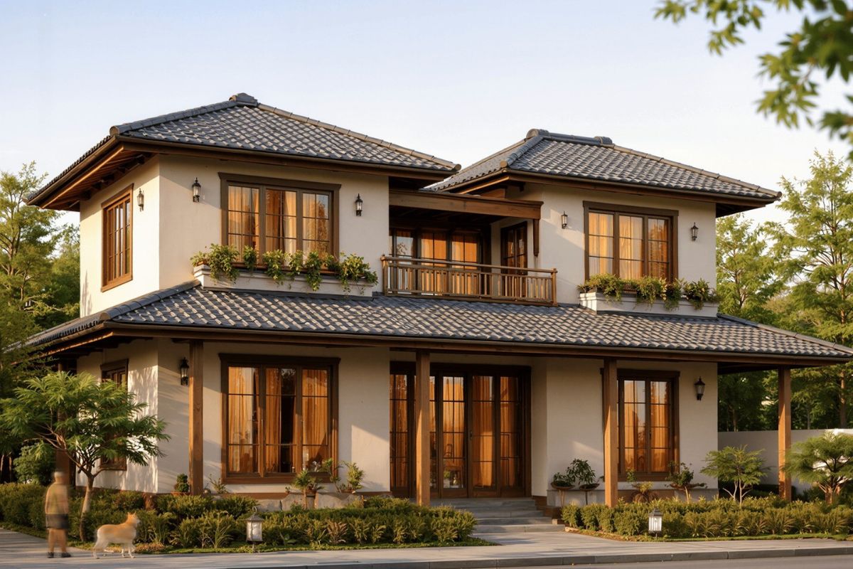 Biệt thự hiện đại mái Nhật nổi bật với thiết kế cân đối, độ dốc vừa phải, mang vẻ đẹp tinh tế, nhẹ nhàng và hài hòa với cảnh quan. ( Ảnh: Sưu tầm )