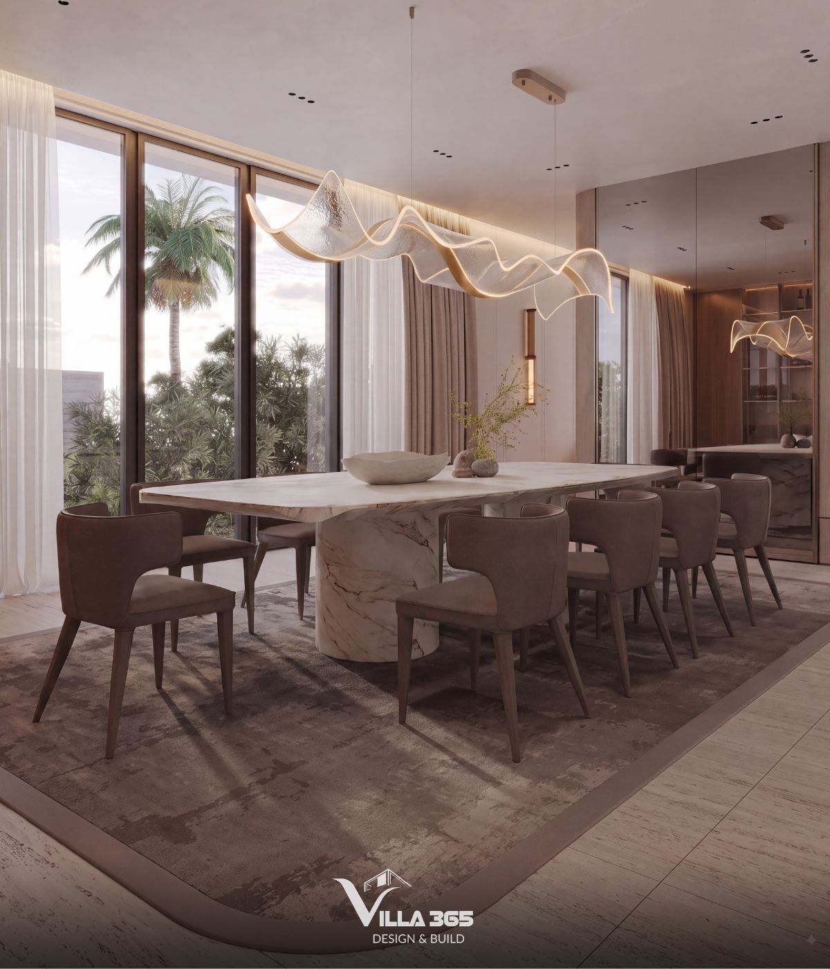 Thiết kế nội thất Giao Villa: Không gian giao hòa giữa vẻ đẹp đương đại và nếp nhà truyền thống 5 Hệ đèn thả trần duy trì sự kết nối giữa các thành viên ở khu vực bàn ăn, trong khi hệ cửa kính duy trì sự kết nối không gian trong-ngoài