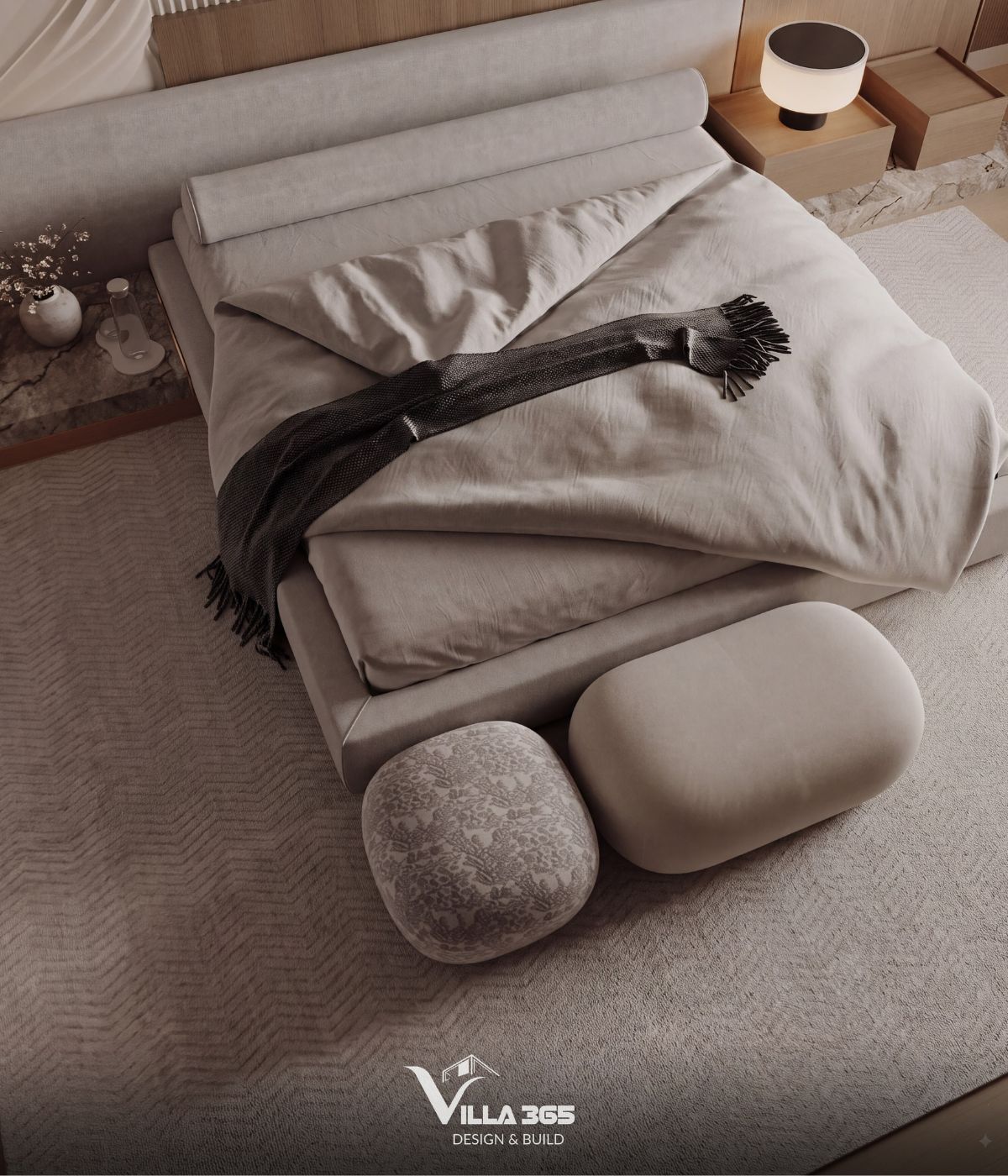 Thiết kế nội thất Giao Villa: Không gian giao hòa giữa vẻ đẹp đương đại và nếp nhà truyền thống 9 Những đường bo cong mềm mại của giường, ghế bọc vải tạo cảm giác thư thái