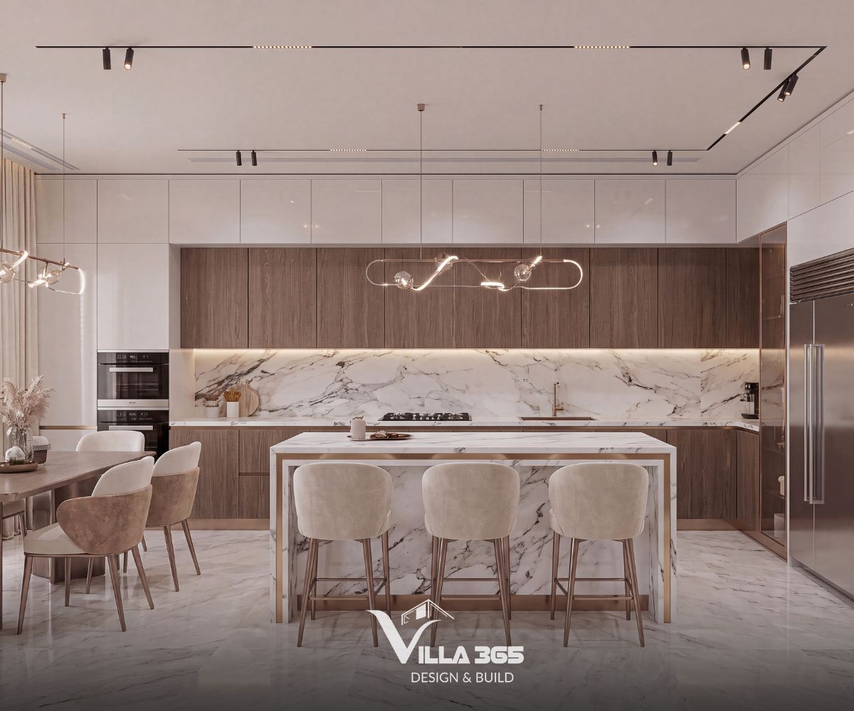 Tủ bếp lưu trữ phía trên sử dụng chất liệu gỗ công nghiệp phủ acrylic bóng gương màu trắng kem, giúp phản chiếu ánh sáng và tạo cảm giác không gian trần cao, thông thoáng hơn 