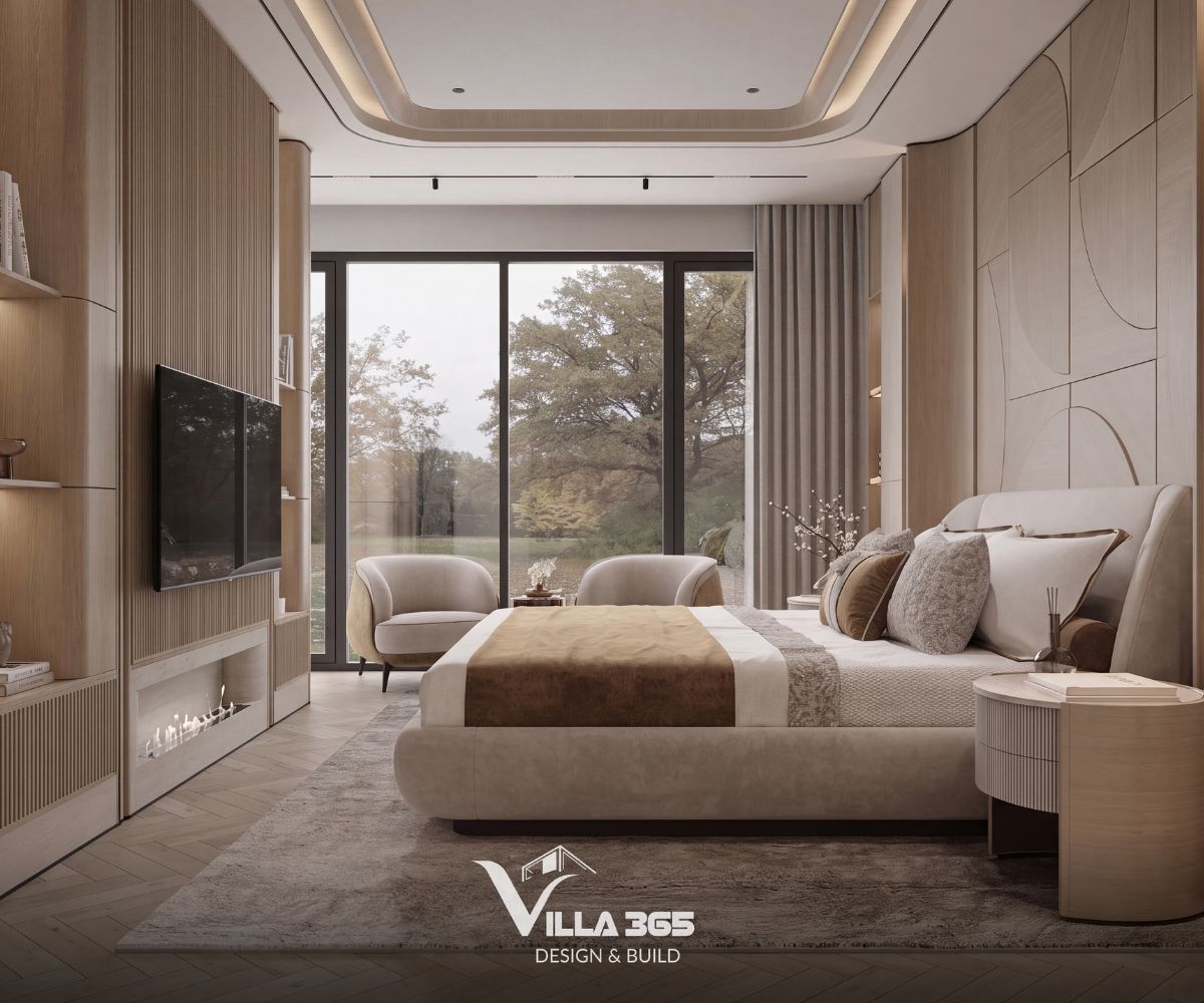 Ánh sáng từ hệ cửa kính lớn kết hợp bảng màu trắng – be và nội thất tích hợp mang đến một phòng ngủ nhẹ nhàng, tiện nghi 