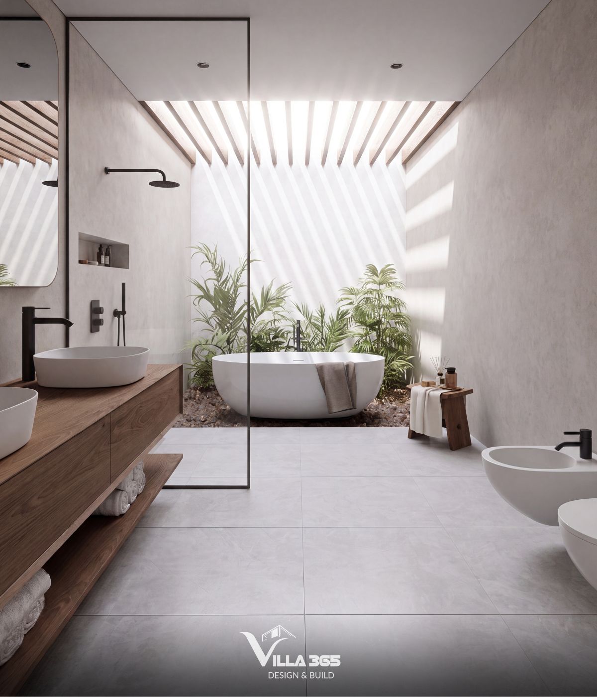 Thiết kế tận dụng tối đa yếu tố chữa lành bằng cách đưa ánh sáng tự nhiên, bóng đổ của nắng và cây xanh vào phòng tắm