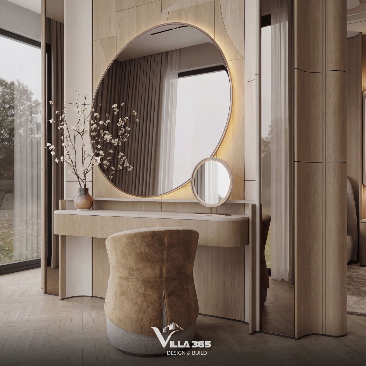 Bàn trang điểm thiết kế dạng console tối giản với các góc được bo tròn mềm mại ở hai đầu 