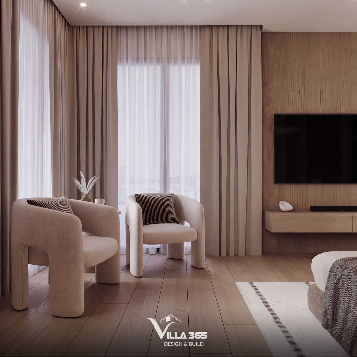 Những khác biệt vừa đủ về chất liệu và hình dáng của sofa, armchair hay ghế đẩu trở thành điểm nhấn mềm mại trong tổng thể tiết chế 