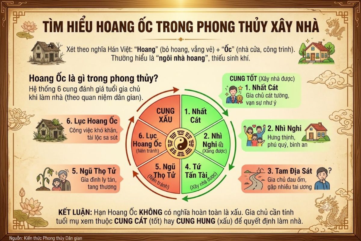 Hoang Ốc là hệ thống gồm 6 cung, trong đó có 3 cung tốt và 3 cung xấu được dùng để xem tuổi làm nhà theo quan niệm dân gian  (Ảnh: Sưu tầm)