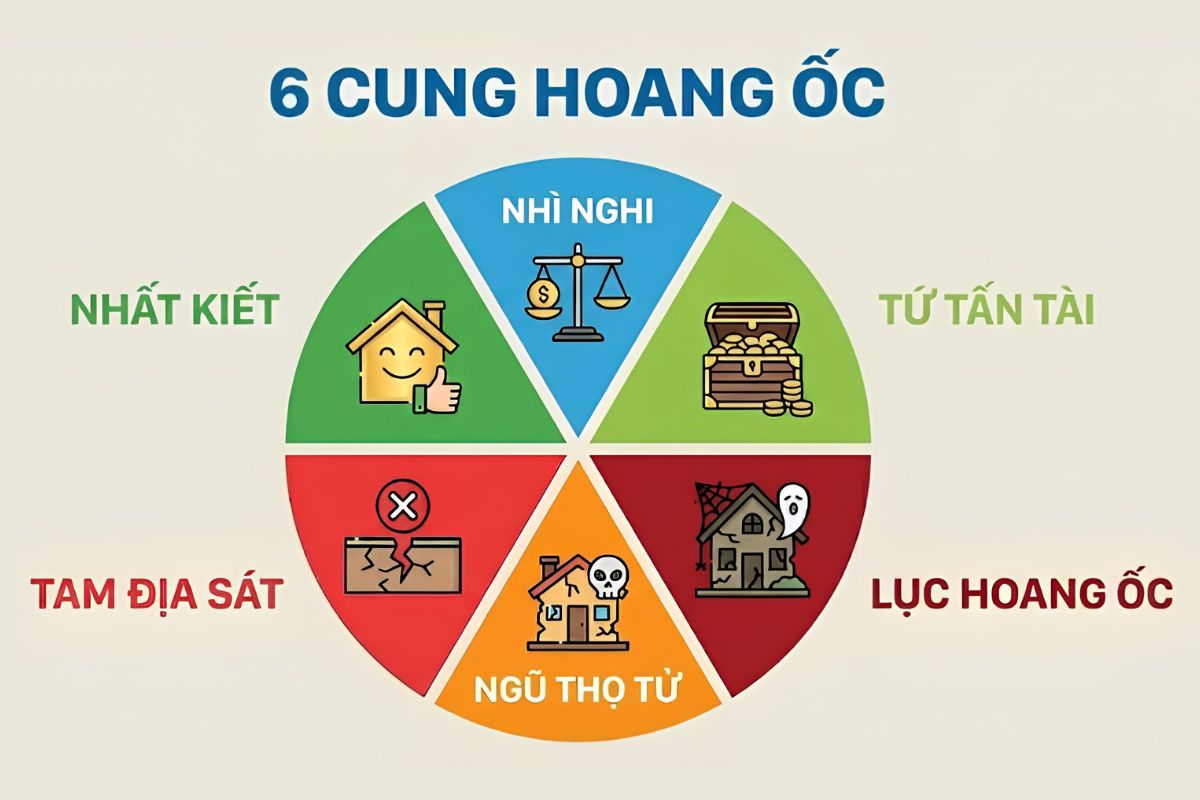 Sáu cung Hoang Ốc được chia thành nhóm Cát và nhóm Hung, mỗi cung mang ý nghĩa riêng đối với việc xây dựng và an cư  (Ảnh: Sưu tầm)