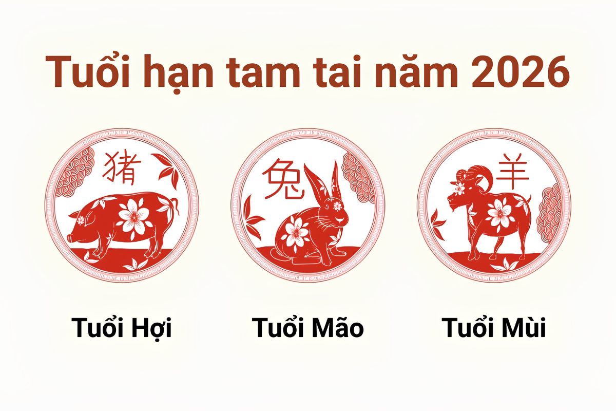 Cách tính Tam Tai năm 2026 dựa trên nhóm Tam hợp, trong đó Hợi – Mão – Mùi cùng gặp hạn vào ba năm Tỵ – Ngọ – Mùi (Ảnh: Sưu tầm)