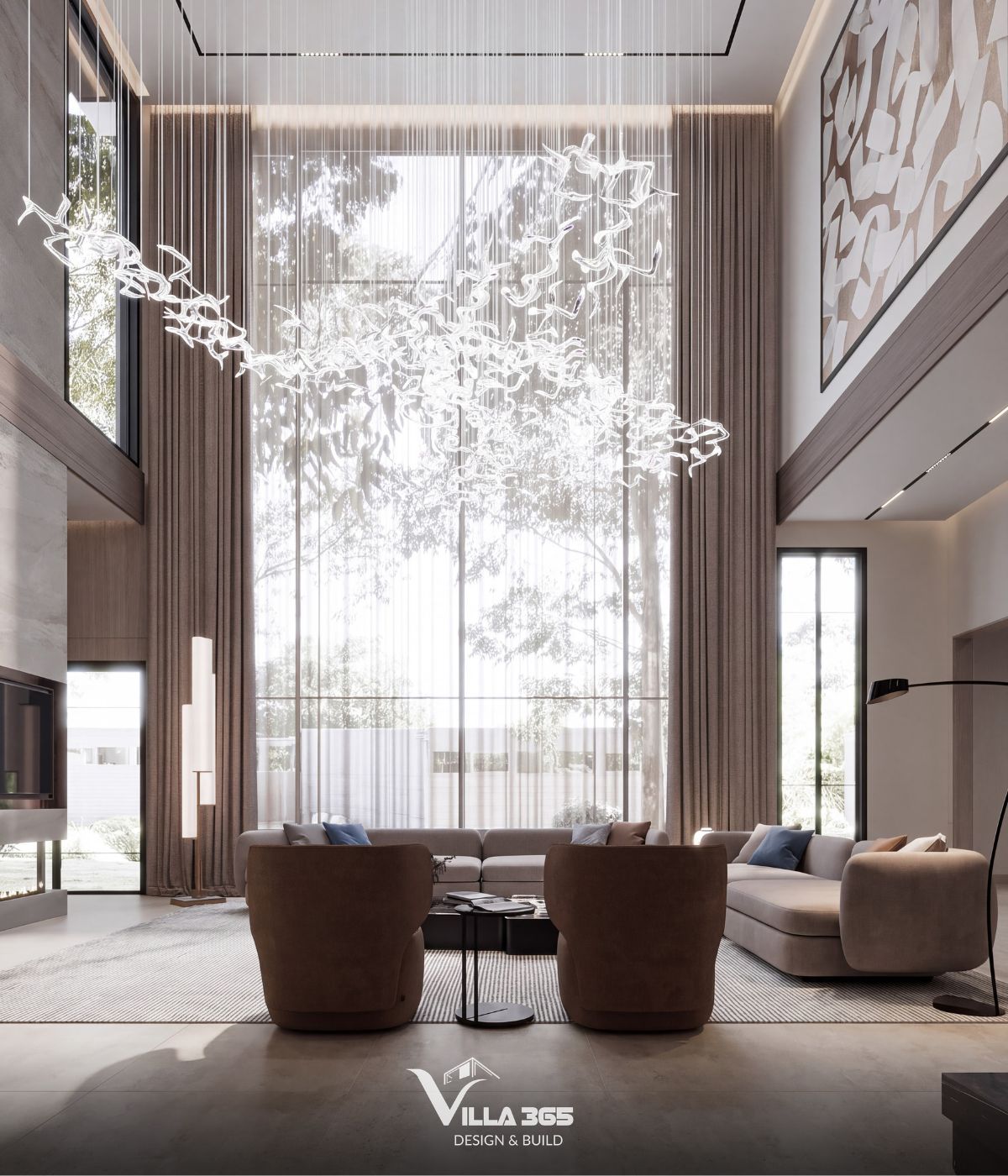 Thiết kế nội thất Eco Luxe Villa - Nốt trầm tĩnh lặng giữa lòng phố biển 2 Không gian phòng khách thông tầng mở rộng theo chiều cao, tạo cảm giác khoáng đạt ngay từ điểm nhìn đầu tiên