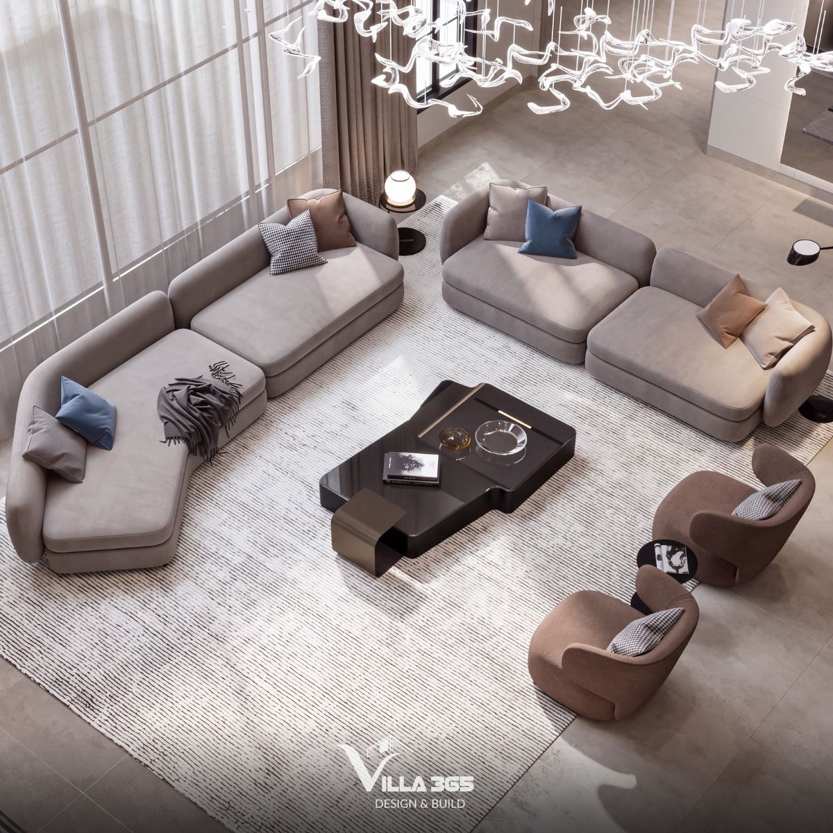 Thiết kế nội thất Eco Luxe Villa - Nốt trầm tĩnh lặng giữa lòng phố biển 3 Sofa bọc nỉ với đường nét mềm mại cân bằng lại tỷ lệ lớn của không gian phòng khách thông tầng