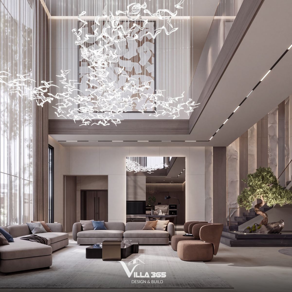 Thiết kế nội thất Eco Luxe Villa - Nốt trầm tĩnh lặng giữa lòng phố biển 4 Đèn chùm pha lê trở thành điểm nhấn thị giác, khai thác trọn vẹn chiều cao ấn tượng của khu vực tiếp khách