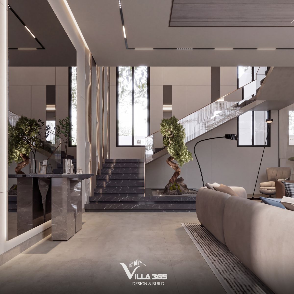 Thiết kế nội thất Eco Luxe Villa - Nốt trầm tĩnh lặng giữa lòng phố biển 6 Cầu thang lát đá màu đen mạnh mẽ với bên cạnh là chậu bonsai tràn đầy sinh khí