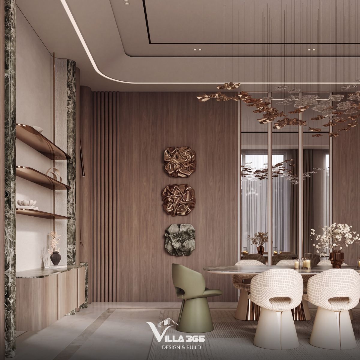 Thiết kế nội thất Eco Luxe Villa - Nốt trầm tĩnh lặng giữa lòng phố biển 8 Hai chiếc ghế da xanh rêu ở đầu bàn tạo điểm nhấn vừa đủ giữa bảng màu nâu trầm chủ đạo
