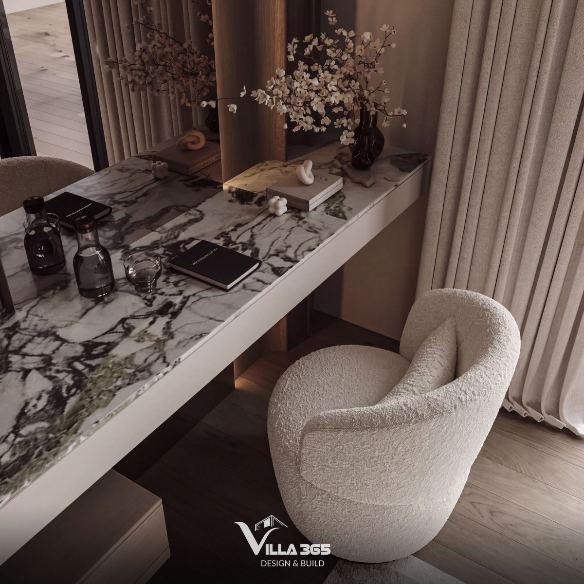 Thiết kế nội thất Eco Luxe Villa - Nốt trầm tĩnh lặng giữa lòng phố biển 12 Phần mặt bàn ốp đá tự nhiên với hệ vân hoa văn màu đen độc bản