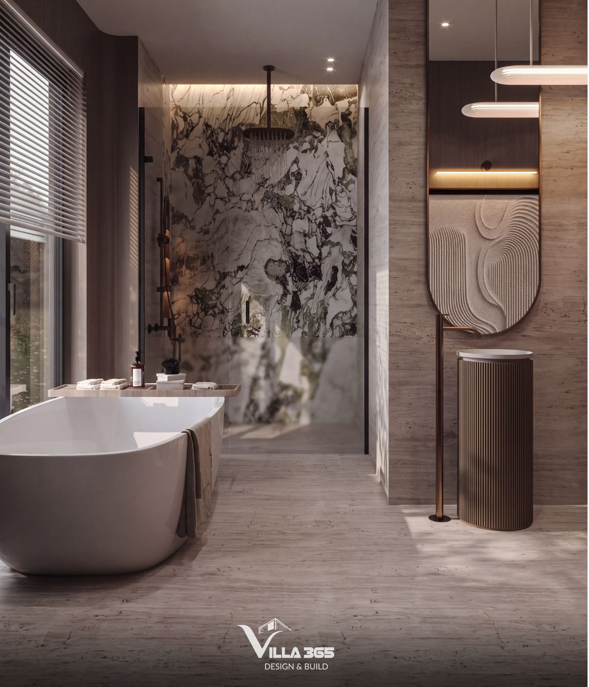 Thiết kế nội thất Eco Luxe Villa - Nốt trầm tĩnh lặng giữa lòng phố biển 13 Điểm nhấn phòng tắm chính là mảng tường đá marble với hệ vân loang màu xanh đen ở khu vực tắm đứng