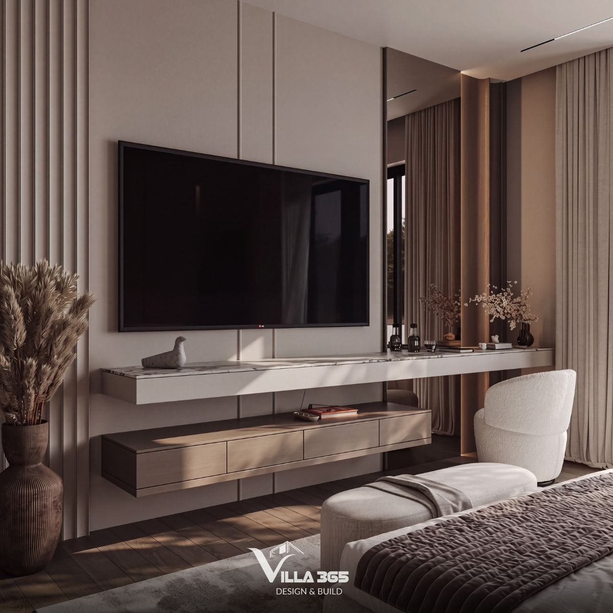 Thiết kế nội thất Eco Luxe Villa - Nốt trầm tĩnh lặng giữa lòng phố biển 15 Trong phòng ngủ, sắc gỗ nâu trầm được sử dụng như một lớp nền êm dịu, hướng không gian về trạng thái nghỉ ngơi và thư giãn