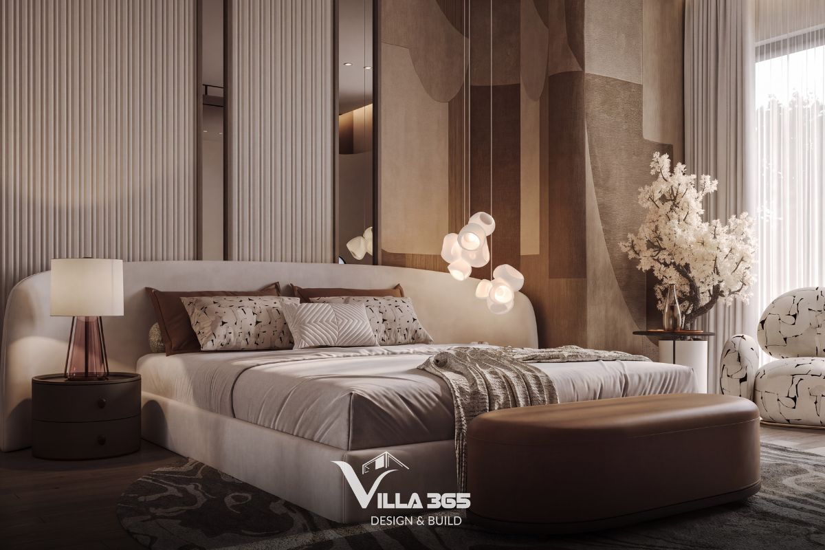 Thiết kế nội thất Eco Luxe Villa - Nốt trầm tĩnh lặng giữa lòng phố biển 16 Cụm đèn thả trần thả được bố trí ở góc giường có thiết kế dạng các khối thủy tinh mờ hữu cơ như những đám mây nhỏ phát sáng