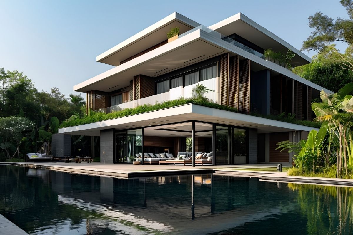 Báo giá dịch vụ thiết kế biệt thự Cần Thơ mới nhất 2026 3 Thiết kế villa Cần Thơ theo hướng sinh thái ưu tiên cây xanh, mặt nước và khoảng đệm giúp giảm nhiệt cho không gian sống (Ảnh: Sưu tầm)